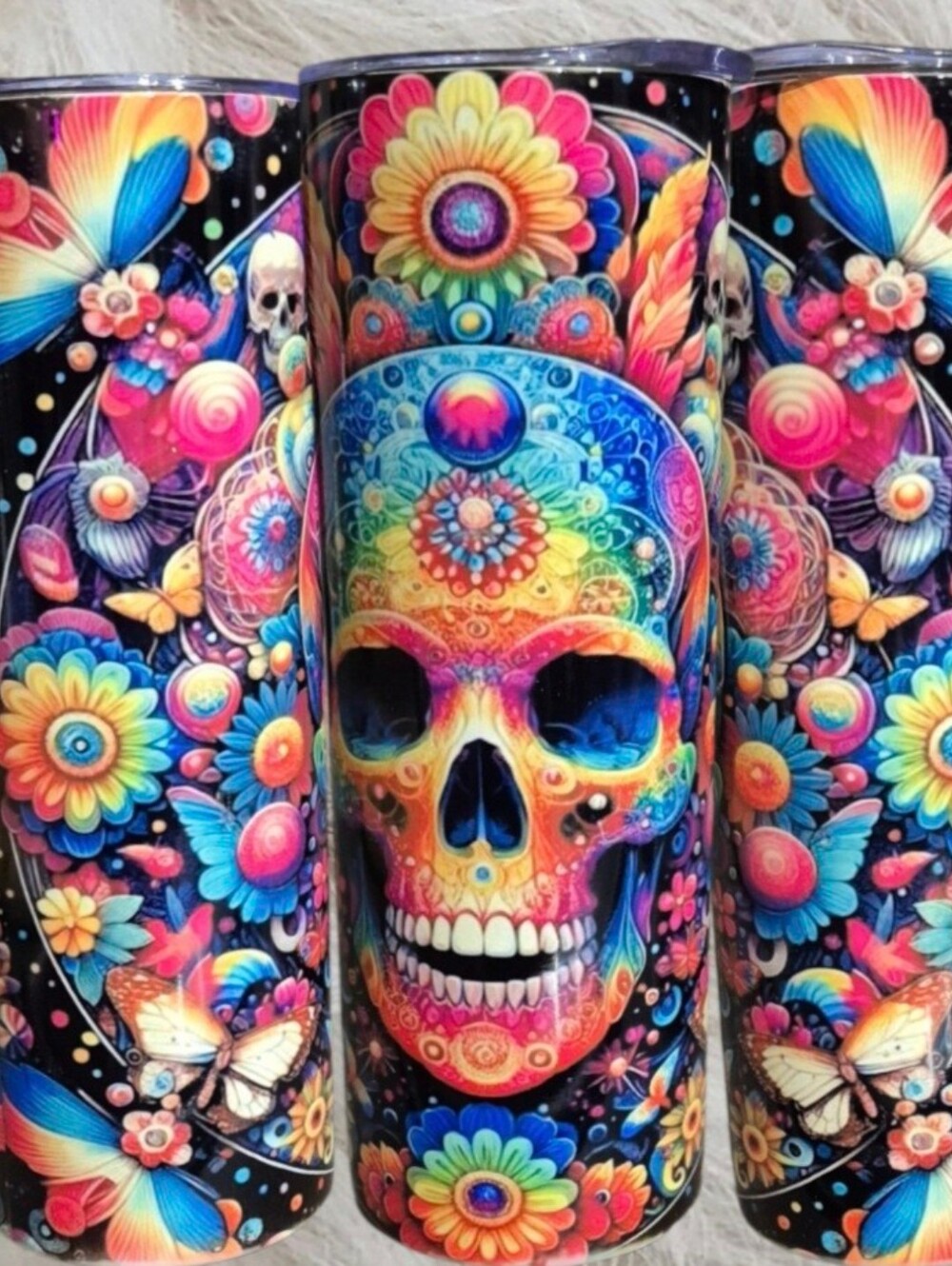Colorful Sugar Skull Floral Tumbler - Rainbow Skull Design